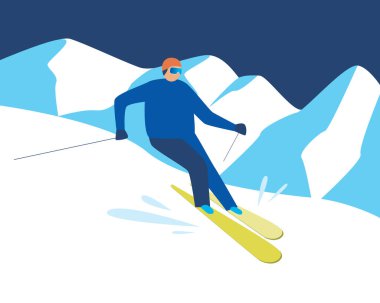 Dağlık bir tatil beldesinde kayakçı. Düz vektör stok çizimi. Dağlarda kayak yapan kayakçı. Tatilde yokuş aşağı kayak. Kış tatili konsepti, kayak. Vektör kayakçı