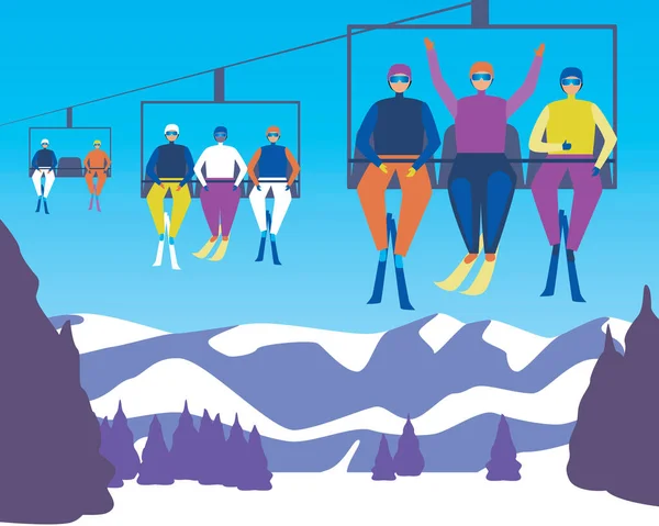 Los Esquiadores Suben Ascensor Ilustración Vector Plano Elevador Montaña Con — Vector de stock