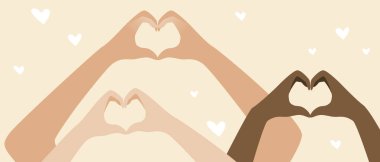 Gönüllü kalp elleri izole. Düz vektör stok çizimi. Çok kültürlü gönüllüler, farklı etnik gruplar. Gönüllü iş kavramı. Kalp, illüstrasyonu bir bayrak olarak sunar