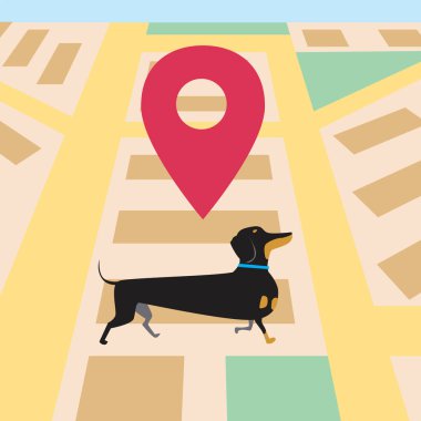 GPS tasması, köpek konumu. Düz vektör stok çizimi. Evcil hayvanınızı coğrafi konumlandırmayla takip edin. Hayvan güvenliği için GPS teknolojisi konsepti. GPS yakalı illüstrasyon