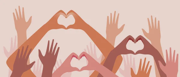 Gönüllü insanlar, izole edilmiş eller. Düz vektör stok çizimi. Gönüllü insanların elleri. Gönüllü konsept, kalp parmağı olan çok kültürlü insanların elleri. Gönüllü çizim