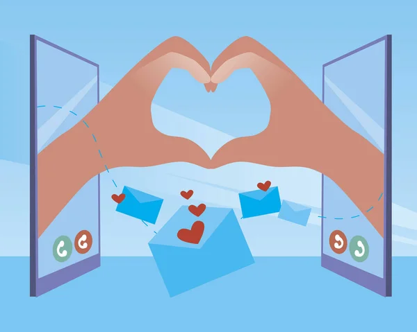 İnternetten randevulaşma, eller ve kalp. Düz vektör stok çizimi. İnternette flört etme kavramı, uzaktan aşk. İlişkiler, eller ve kalple ilgili bir ilüzyon. İnternet üzerinden telefon görüşmesi, mektuplar, mesajlar