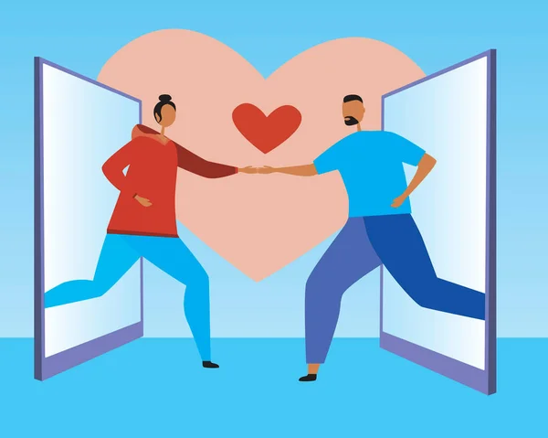 ビデオ通信 恋のカップル フラットベクトルストックイラスト ロマンチックなビデオ通信 オンラインのためのビデオコンセプト日付 愛のカップル — ストックベクタ