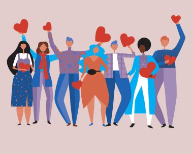 Kalpli insanlar izole edilmiş. Düz vektör stok çizimi. Kalpli insanların vektör grafikleri. Parti konsepti, sevgililer günü, kalp. İllüzyon insanları, erkek, kadın