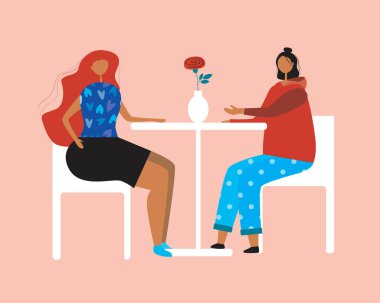 LGBTQ romantik akşam yemeği, lezbiyen izole. Düz vektör stok çizimi. Kız arkadaşı olan bir lezbiyen. LGBTQ romantizm konsepti, lezbiyen aşkı, flört. Homoseksüellerle, masalarla, çiçeklerle dolu bir resim.