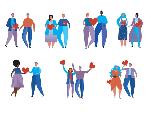 Birbirine aşık çiftler izole. Düz vektör stok çizimi. Sevgililer Günü çifti. Birbirine aşık çiftler. Aşık insanlar, erkekler, kadınlar, LGBTQ, farklı etnik gruplar. İzole illüstrasyon