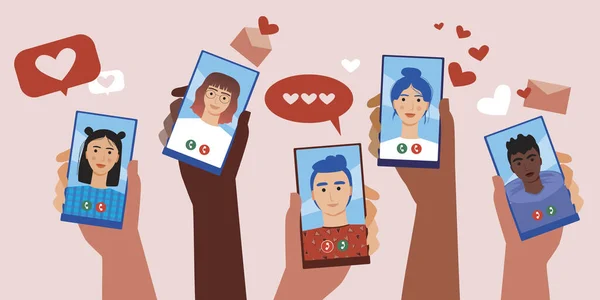 Randevu uygulaması, telefon elden izole edilmiş. Düz vektör çizimi. Randevu uygulamalı telefon. Online randevulaşma, flört, internet randevusu kavramı. Çevrimiçi flörtleşme illüstrasyonu