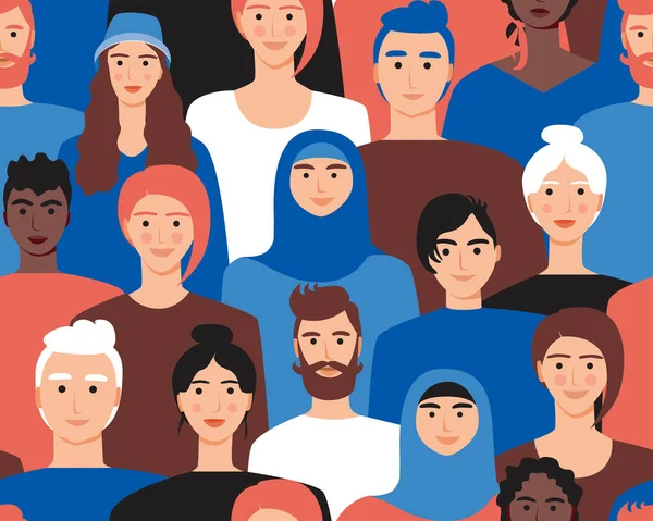 Çok kültürlü bir toplum, kusursuz bir düzen. Düz vektör stok çizimi. Kalabalık konsepti, çeşitli gruplar. Kadın ve erkeklerle göz boyamak. Çok kültürlü insanların dokusu sonsuz desen şeklinde.