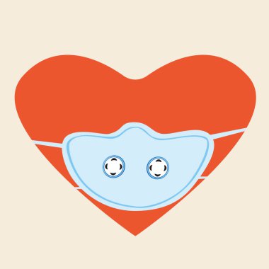 Kalp maskesi izole edildi. Düz vektör stok çizimi. Virüsten korunma bayramı kavramı, yüz maskesi takmak. Sevgililer Günü için tıbbi maskeli kalp çizimi