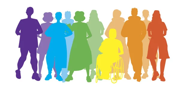 LGBTQ insanları izole edildi. Düz vektör stok çizimi. Homoseksüellerin, eşcinsellerin, lezbiyenlerin siluetleri. LGBTQ toplum konsepti, kapsayıcılık. İnsanlar, tekerlekli sandalyedeki engelliler.