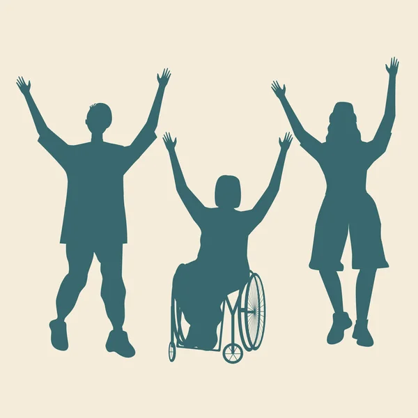 Silhouette Felice Persona Disabile Sedia Rotelle Amici Isolati Illustrazione Dello — Vettoriale Stock