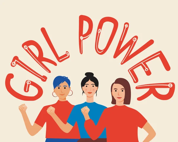 Feminis Dan Kekuatan Teks Girl Terisolasi Ilustrasi Saham Vektor Datar - Stok Vektor