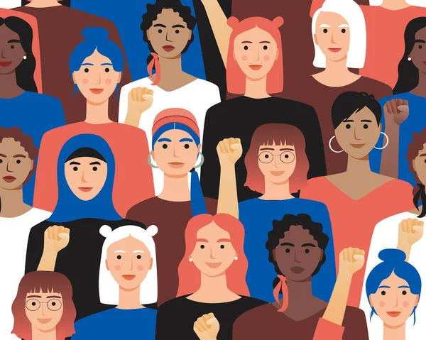 Feminizm dokusu, kusursuz kadın dokusu. Düz vektör stok çizimi. Uluslararası Kadın Günü kavramı, feminist topluluk, kadın hakları. Farklı etnik kökenden, yaşlı, genç, Afro