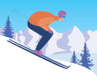 Bir kayakçı kayak yaparken yokuş aşağı gider. Düz vektör stok çizimi. Karlı bir dağdan aşağıya kayak yapmaya. Ekstrem spor kavramı, kayak. Kayakçı, kayaklı bir illüstrasyon.