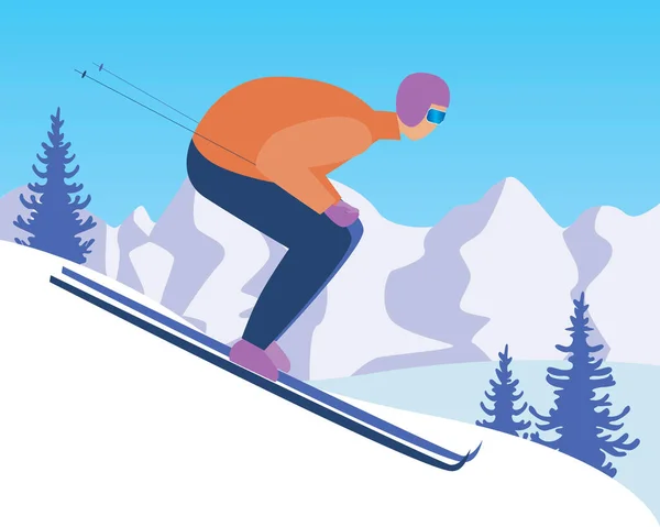Esquiador Cuesta Abajo Esquís Ilustración Vector Plano Esquí Alpino Desde — Vector de stock