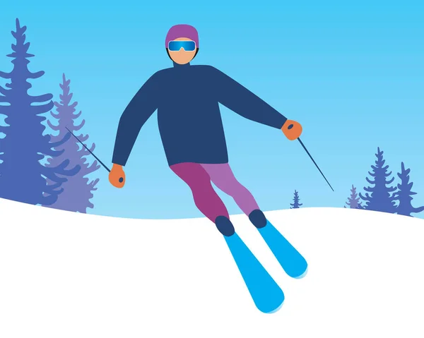 Esquí Alpino Ilustración Vector Plano Hombre Mujer Esquiando Ilustración Una — Vector de stock