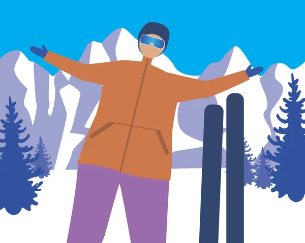 Feliz Esquiador Una Estación Esquí Ilustración Vector Plano Esquiar Nieve — Vector de stock