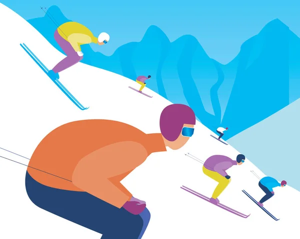 Les Skieurs Descendent Montagne Dans Une Station Ski Illustration Vectorielle — Image vectorielle