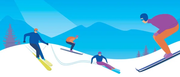 Esquiadores Una Estación Esquí Ilustración Vector Plano Gente Esquiando Cuesta — Vector de stock