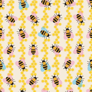 Arı desenli bal peteği. Düz vektör stok çizimi. Ballı arı tarakları, çizgili böcekler. Sevimli sonsuz desen, kumaş ve kumaş baskısı için süs. Arı illüstrasyonu