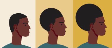 Kıvırcık Afrikalı izole edilmiş. Düz vektör stok çizimi. Saç uzama konsepti, kellik tedavisi, saç stili. Afro saç, gelişme. Modern Afrika saç stili. Siyahlı illüstrasyon