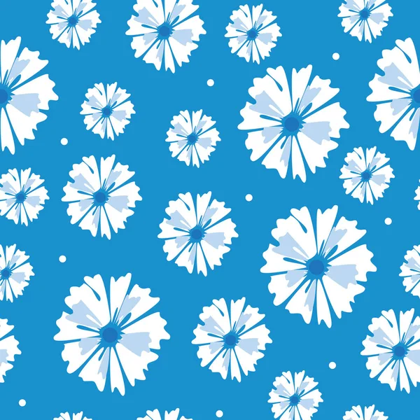 カモミールのシームレスなパターン フラットベクトルストックイラスト シンプルなランダムな花カモミール ロマンチックな花の装飾 紙に印刷するための青い花のテクスチャ — ストックベクタ