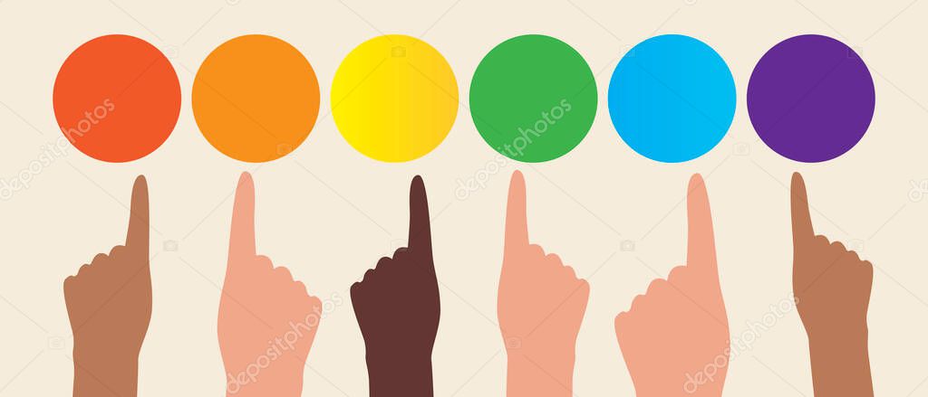 Index finger points to the color. Flat vector stock illustration. People choose colors. Design concept, color choice. Hand and color selection. Illustration with choice for design