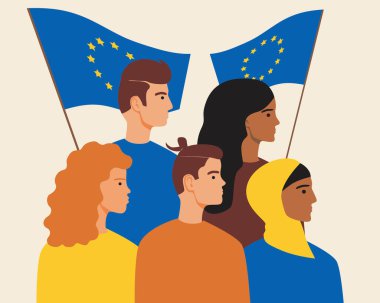 European people with the flag of the european union. Flat vector stock illustration. Concept of the national flag of Europe. Multicultural european people, islamic migrants with uk flag clipart