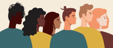 İnsanların yüzleri, farklı ten renkleri. Düz vektör stok çizimi. Afrika, Arap, Asya, Avrupa renkleri. Bir erkek profili, bir kadın. Ten rengi ve saç çeşitliliği. Farklı güzellik.