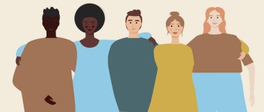 Çok kültürlü arkadaşlar, farklı ten renginde insanlar. Düz vektör stok çizimi. Erkekler ve kadınlar arkadaştır. Farklı etnik grupların arkadaşlık kavramı. Afro, Avrupa, Arap ten rengi