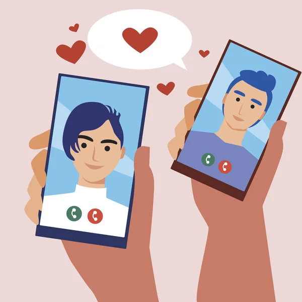 Couple Lgbtq Romance Internet Illustration Vectorielle Plate Téléphone Main Amour — Image vectorielle