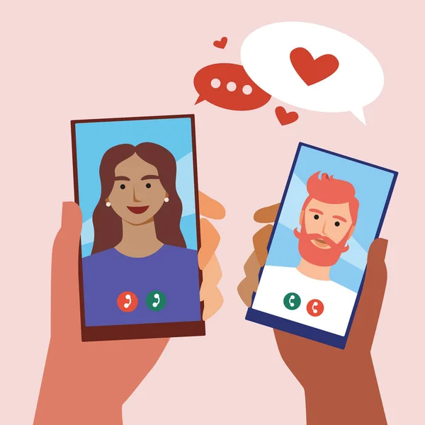 Een Paar Telefoons Hand Internet Dating Platte Vectorvoorraadillustratie Man Verliefde — Stockvector