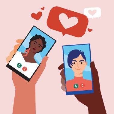 Çok kültürlü çiftler, internet buluşmaları. Düz vektör stok çizimi. Afro kadın, Avrupalı erkek. Elimde telefon var. Çevrimiçi flört. Online randevu, romantizm, internet aşkı kavramı