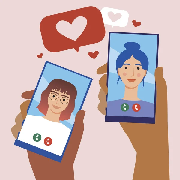 Lgbtq Koppel Internet Dating Platte Vectorvoorraadillustratie Telefoon Hand Lesbisch Stel — Stockvector