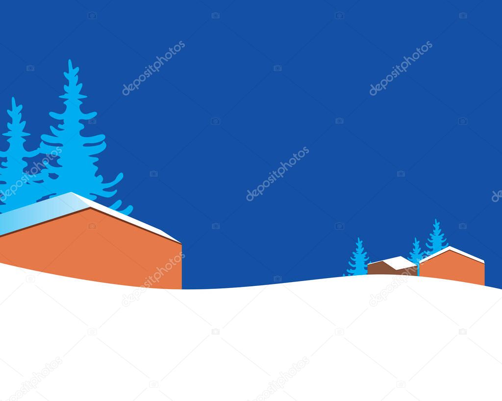 Snowy hills with houses, copy space. Flat vector stock illustration. Winter panarama, landscape with a mountain resort for design. Mountains in the snowy hills. Copy space illustration