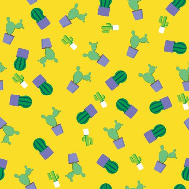 Kaktüs izole, pürüzsüz desen. Yeşil bitki. Sarı düz vektör stok çizimi. Ambalaj kağıdı ve kumaşa baskı için doku. Tencereye bitki koy. Bir kaktüsün parlak çizimi