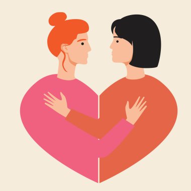 Çift kucaklaşması, izole edilmiş lezbiyen. Düz vektör stok çizimi. LGBTQ 'dan insanlar sarılıyor. Lezbiyen ve kadın birbirini kucaklıyor. Igbtq çifti ve kalbiyle romantik ben illüstrasyonu