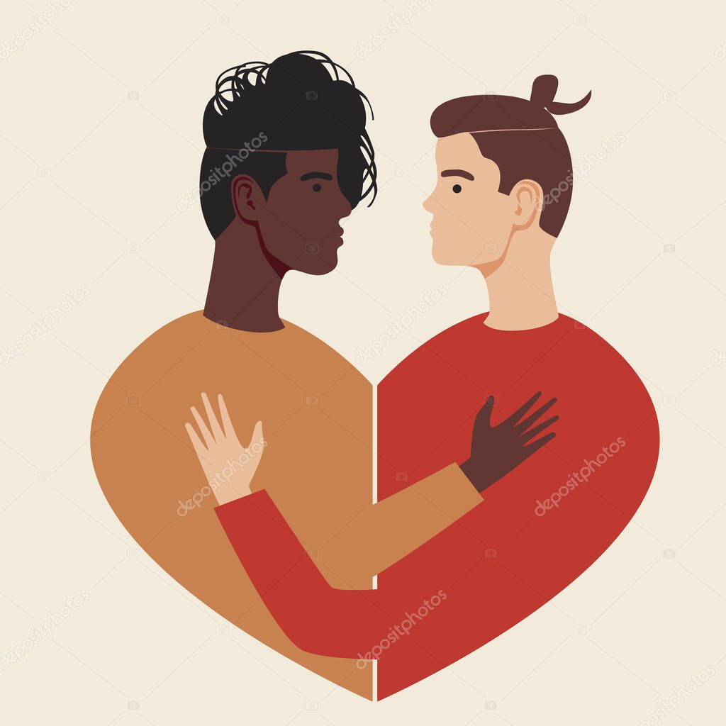 Couple hugging, homosexuals isolated. Flat vector stock illustration. LGBTQ people are hugging. Gay and African man embrace one another. Illustration with lgbtq couple, heart