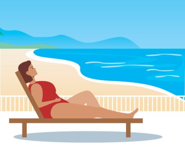 Artı plajda bronzlaşan bir kadın. Düz vektör stok çizimi. Deniz eğlencesi konsepti. Genç bir kadın, sahilde güneşleniyor. Okyanus ve deniz kıyısında bir tatil köyü. Resimlendirme