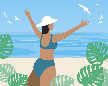 Denizde iyi tatiller. Düz vektör stok çizimi. Sahildeki tatil köyündeki şapkalı kadın. Mutluluk kavramı, tatil, mutlu turist, sahil beldesi. Vektör illüstrasyonu