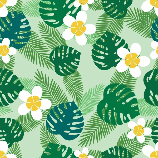 Green Seamless Pattern Monstera Leaf Flowers Flat Vector Stock Illustration — Stock Vector