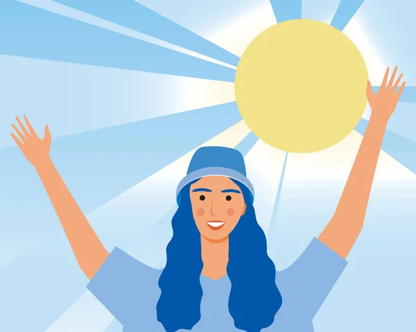 Sunny woman, emotion of happiness. Flat vector stock illustration. The concept of good mood, mental health, freedom. Woman smiles, sun in the sky. Happy mood, Vector illustration
