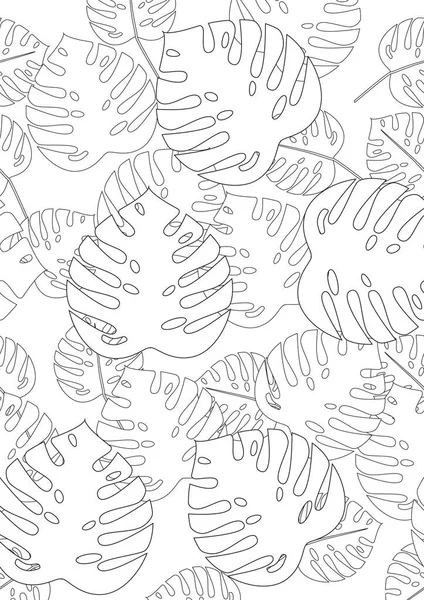 Renkli sayfa egzotik yaprak, pürüzsüz desen. Taslak vektör stok çizimi. Tropik canavar yaprağı. Yetişkinler için renksiz boyama kitabı. Yaz bitkileri, canavar yaprakları. Kusursuz desen