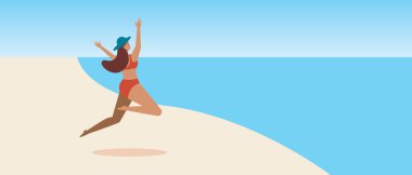 Deniz kıyısındaki bir tatil köyünde bir kadın, kopya alanı için bir şablon olarak plaj. Düz vektör stok çizimi. Mutlu kadın kumsalda zıplıyor. Metin için yer şablonu. Boşluk resimlemesini kopyala
