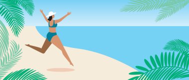 Denizde bir kadın, deniz kıyısında fotokopi alanı için bir şablon. Düz vektör stok çizimi. Mutlu kadın atlayışı. Deniz, okyanus, yazacak yeri olan plaj. Deniz kıyısındaki kadın. Görüntü