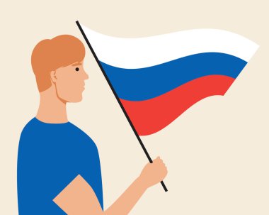 Russian man, flag of the russian federation. Flat vector stock illustration. The concept of patriotism in russia, citizenship, national flag. Russian patriot with flag isolated. Vector illustration clipart
