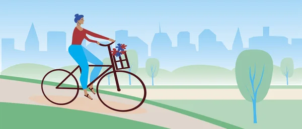 Mujer Ciclista Montando Bicicleta Parque Ilustración Vector Plano Joven Ciclista — Vector de stock