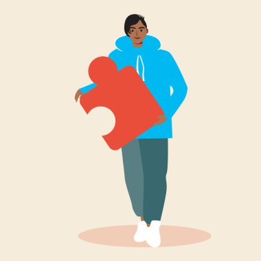 Takımın bir parçası olarak genç iş ortağı. Düz vektör stok çizimi. Bulmacalı erkek partner. İş arama konsepti. İş dünyasındaki bir ekibin bulmacası. Ortak veya aday izole edildi