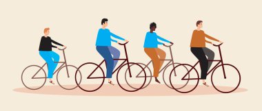 Erkek bisikletçiler izole edildi. Düz vektör stok çizimi. Gençler ya da yetişkinler bisiklet sürüyor. Bisiklet süren adamlar. Bisiklet geçidi konsepti, aktivite. Vektör illüstrasyonu