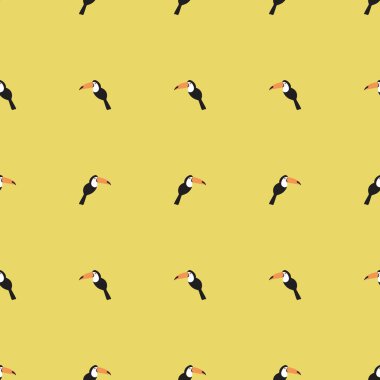 Tukan pürüzsüz desen, sarı doku. Düz vektör stok çizimi. Kumaş ve dokuya baskı yapmak için egzotik kuş tukanları. Tukan deseni, süs veya doku. Sonsuz tukan deseni